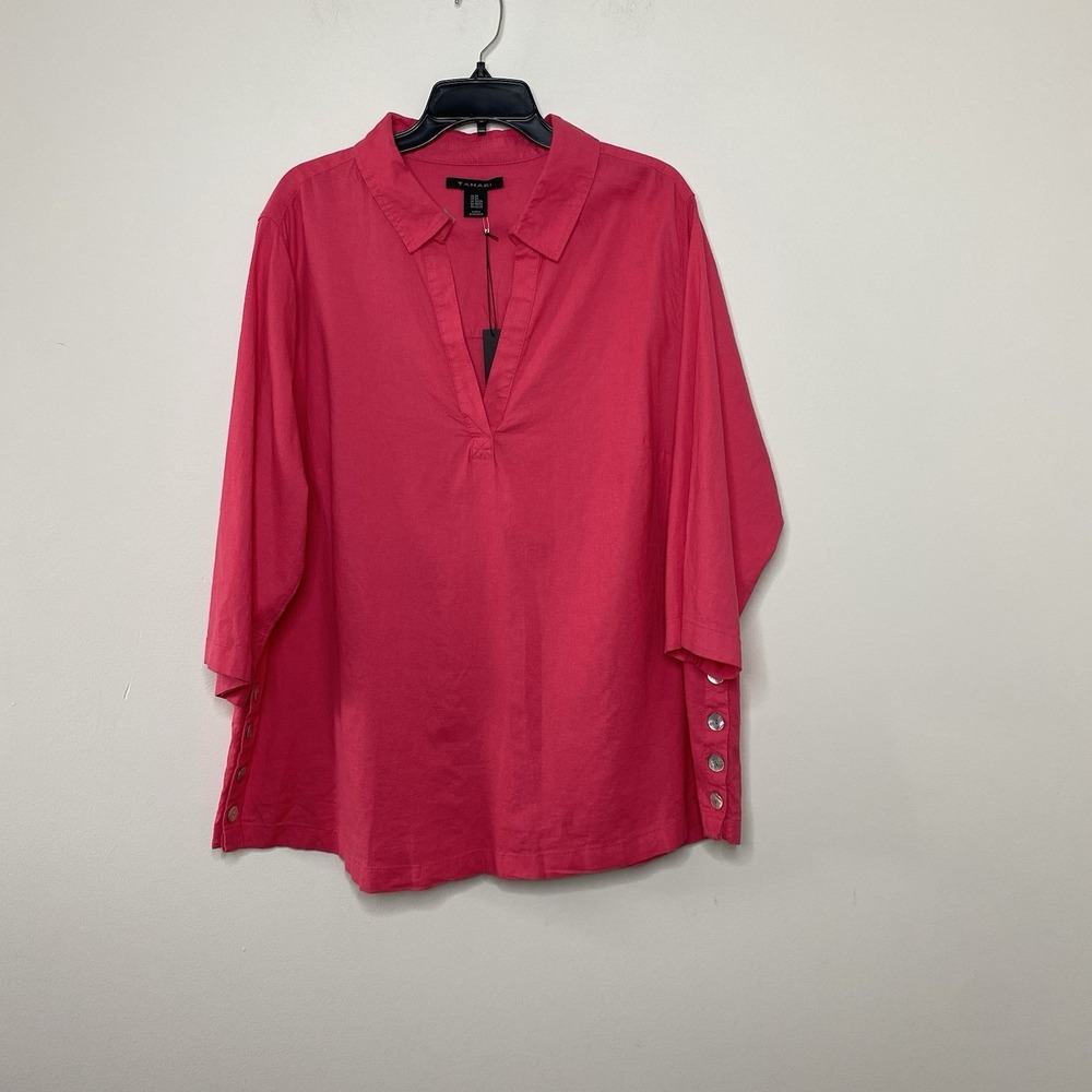 Tahari Women's Sz 2X Linen Blend Popover Blouse Tunic Pink 3/4 Sleeve Split Neck